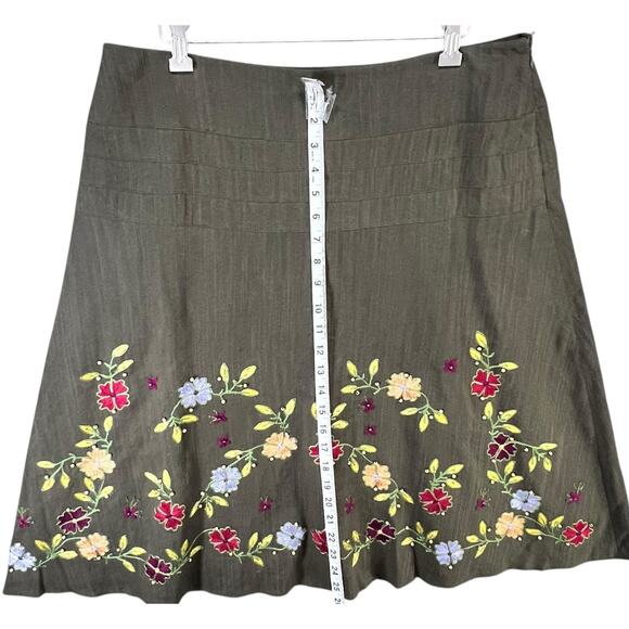 Due Per Due  A Line Skirt 12 Olive Green Linen Blend Embroidered Beaded Cottage - Picture 6 of 10
